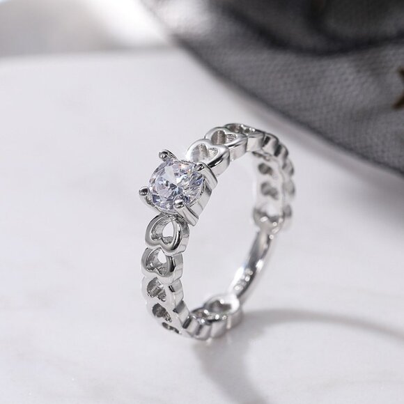 🌸Lovely Anillos Hollow Heart Round Cut Moissanite Eternity Ring for Women, K770 - Picture 8 of 10